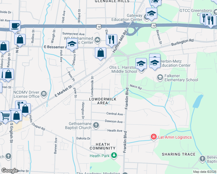 map of restaurants, bars, coffee shops, grocery stores, and more near 209 Guerrant Street in Greensboro