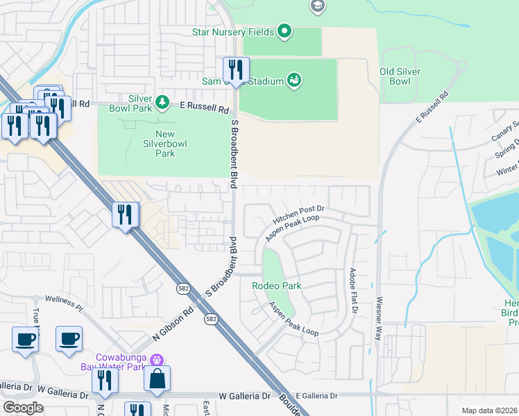 map of restaurants, bars, coffee shops, grocery stores, and more near 5939 Smokey Quartz Court in Henderson