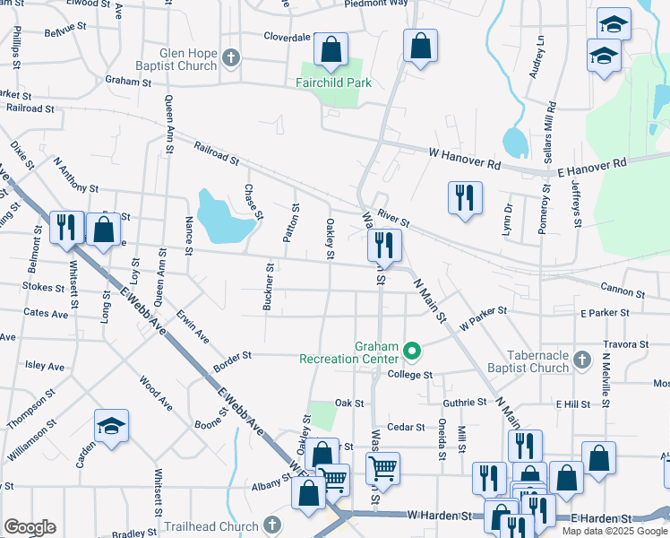 map of restaurants, bars, coffee shops, grocery stores, and more near 508 Providence Road in Graham