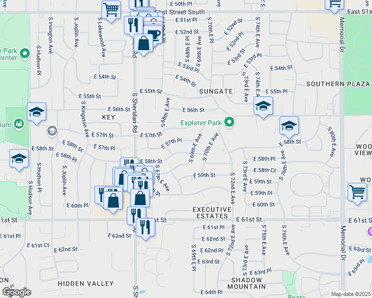 map of restaurants, bars, coffee shops, grocery stores, and more near 6851 East 57th Place in Tulsa