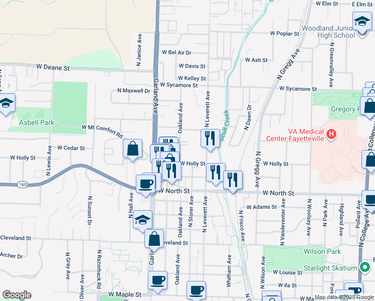 map of restaurants, bars, coffee shops, grocery stores, and more near 1381 Oakland Avenue in Fayetteville