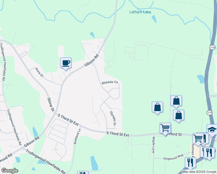 map of restaurants, bars, coffee shops, grocery stores, and more near 1514 Birkdale Circle in Mebane
