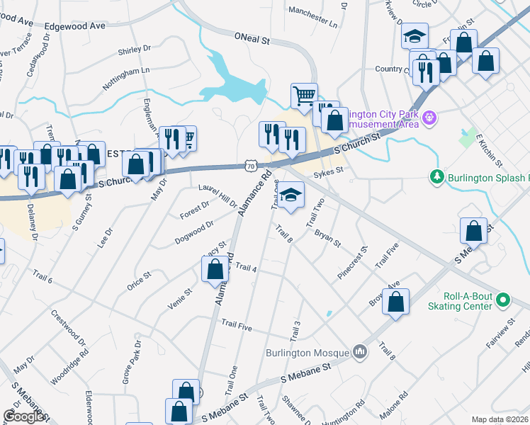 map of restaurants, bars, coffee shops, grocery stores, and more near 117 Alamance Rd in Burlington