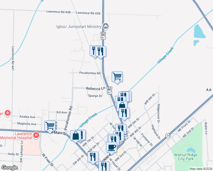 map of restaurants, bars, coffee shops, grocery stores, and more near 2804 U.S. 67 Business in Walnut Ridge