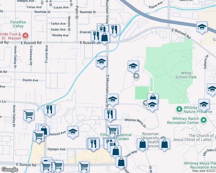 map of restaurants, bars, coffee shops, grocery stores, and more near 5970 South Mountain Vista Street in Henderson