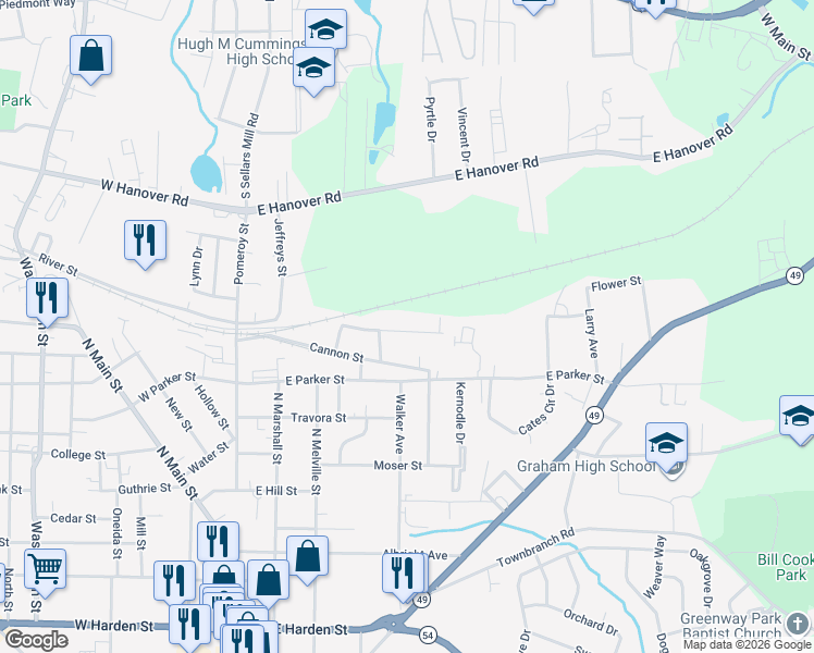 map of restaurants, bars, coffee shops, grocery stores, and more near 406 Shoffner Street in Graham