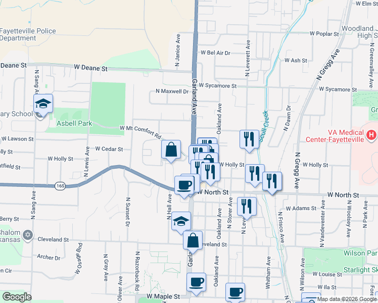map of restaurants, bars, coffee shops, grocery stores, and more near 1321 Garland Avenue in Fayetteville