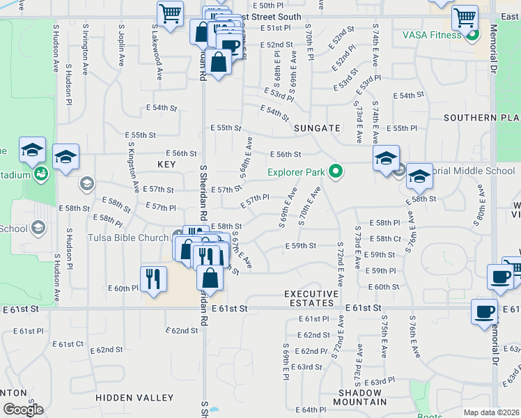 map of restaurants, bars, coffee shops, grocery stores, and more near 6821 East 57th Place in Tulsa