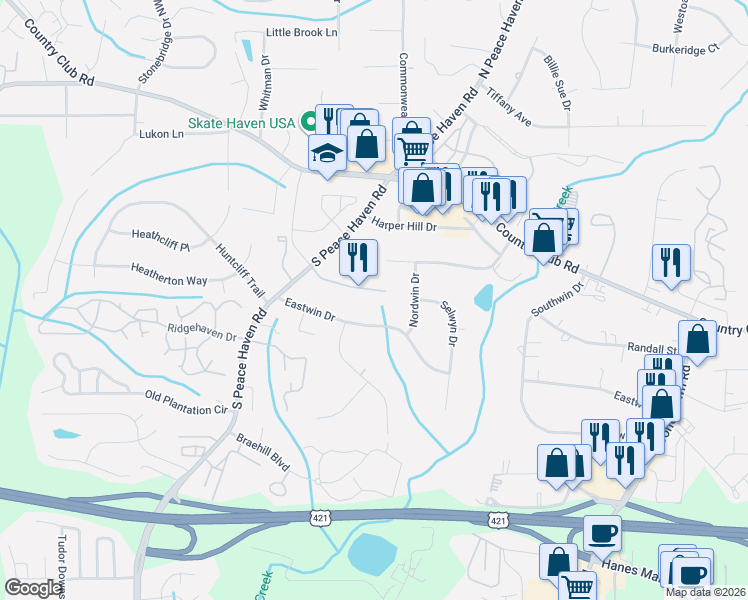 map of restaurants, bars, coffee shops, grocery stores, and more near 137 Sterling Point Court in Winston-Salem