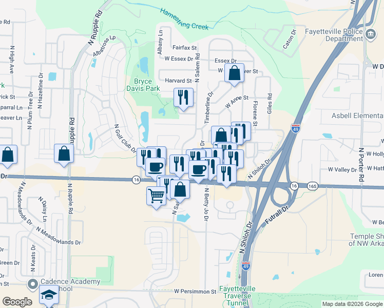 map of restaurants, bars, coffee shops, grocery stores, and more near 3065 Mica Street in Fayetteville