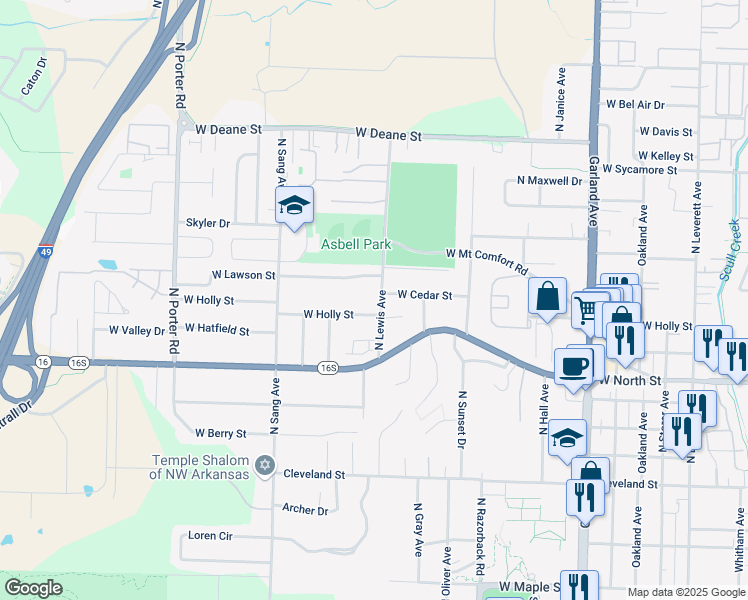 map of restaurants, bars, coffee shops, grocery stores, and more near 1317 North Lewis Avenue in Fayetteville