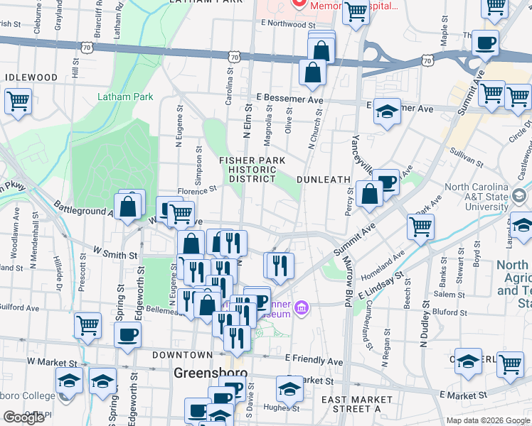 map of restaurants, bars, coffee shops, grocery stores, and more near 706 Magnolia Street in Greensboro