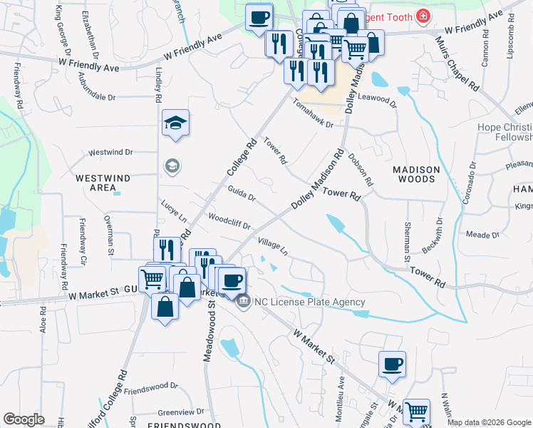 map of restaurants, bars, coffee shops, grocery stores, and more near 34 Brownstone Lane in Greensboro