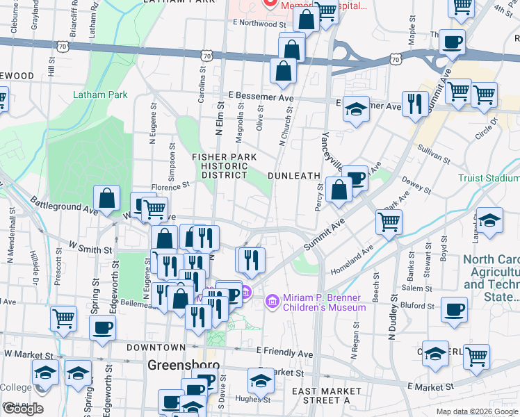 map of restaurants, bars, coffee shops, grocery stores, and more near 230 South Park Drive in Greensboro