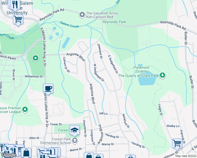 map of restaurants, bars, coffee shops, grocery stores, and more near 1330 West Sedgefield Drive in Winston-Salem