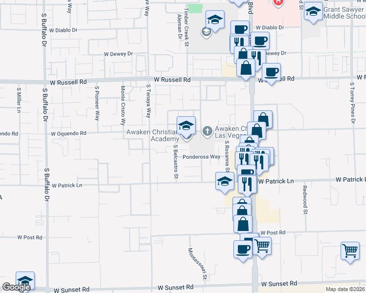 map of restaurants, bars, coffee shops, grocery stores, and more near 7216 Ophelia Court in Las Vegas