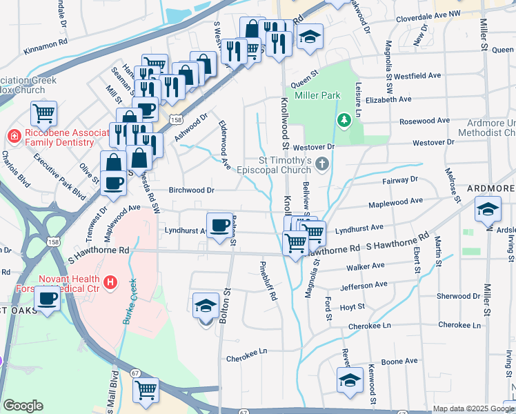 map of restaurants, bars, coffee shops, grocery stores, and more near 2743 Maplewood Avenue in Winston-Salem