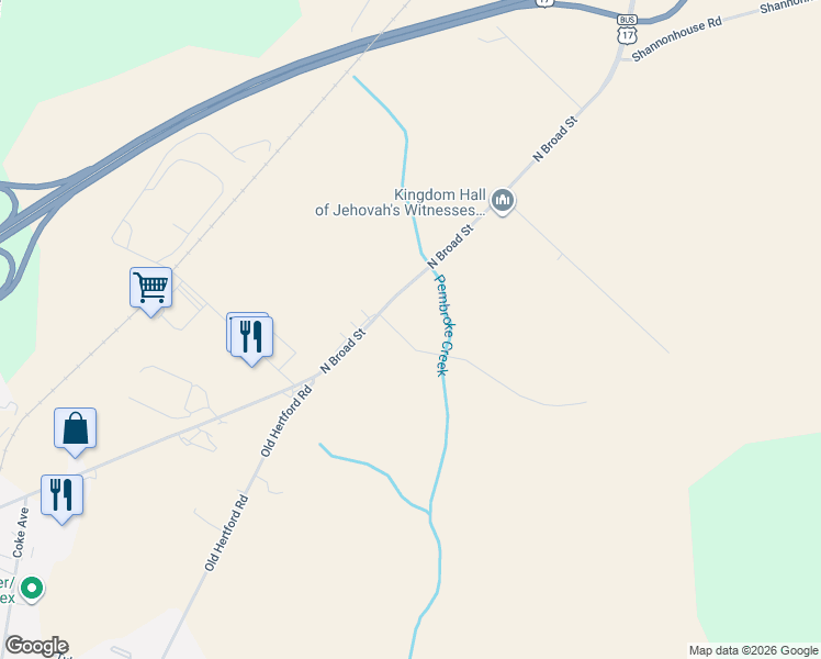map of restaurants, bars, coffee shops, grocery stores, and more near 1500 North Broad Street in Edenton