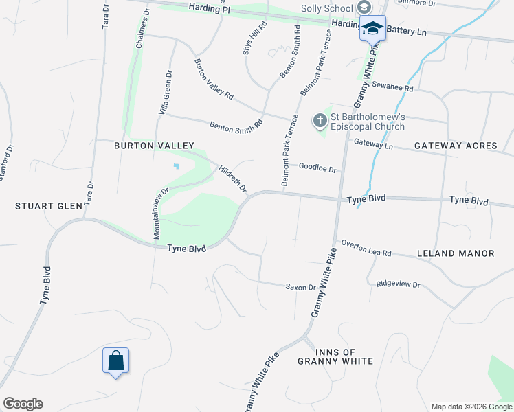 map of restaurants, bars, coffee shops, grocery stores, and more near 1311 Tyne Boulevard in Nashville