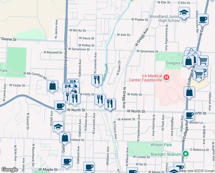 map of restaurants, bars, coffee shops, grocery stores, and more near 1400 North Bernice Drive in Fayetteville