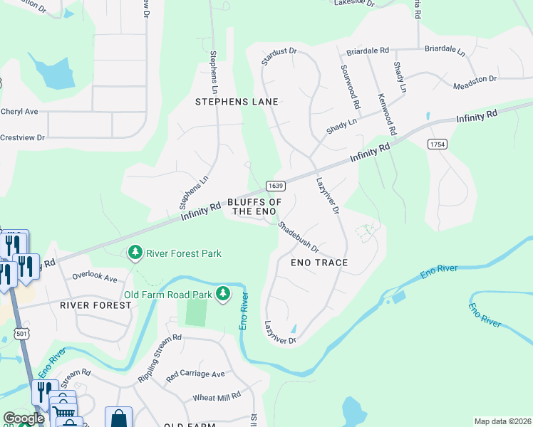map of restaurants, bars, coffee shops, grocery stores, and more near 4519 Lazyriver Drive in Durham