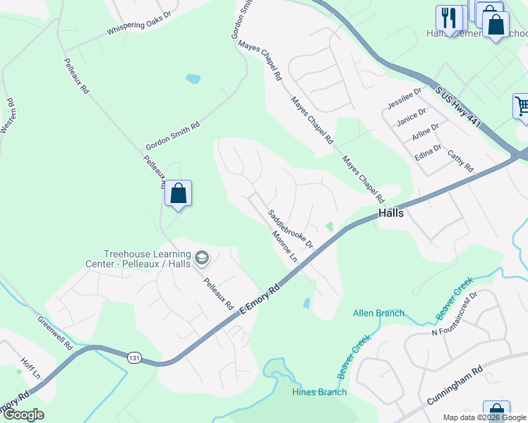 map of restaurants, bars, coffee shops, grocery stores, and more near 7643 Saddlebrooke Drive in Knoxville