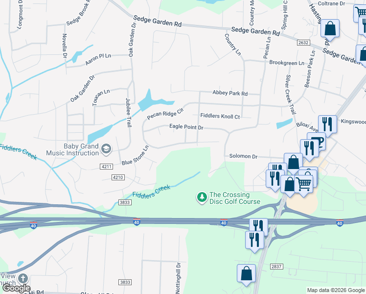 map of restaurants, bars, coffee shops, grocery stores, and more near 1540 Eagle Watch Lane in Kernersville