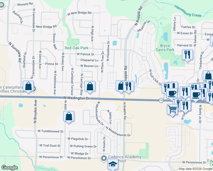 map of restaurants, bars, coffee shops, grocery stores, and more near 1285 North Corsica Drive in Fayetteville