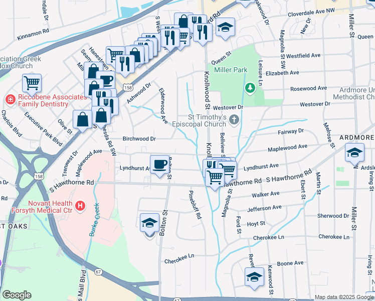 map of restaurants, bars, coffee shops, grocery stores, and more near 2743 Maplewood Avenue in Winston-Salem