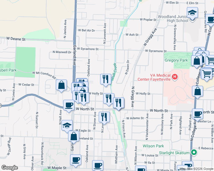map of restaurants, bars, coffee shops, grocery stores, and more near 762 West Breeze Cove in Fayetteville