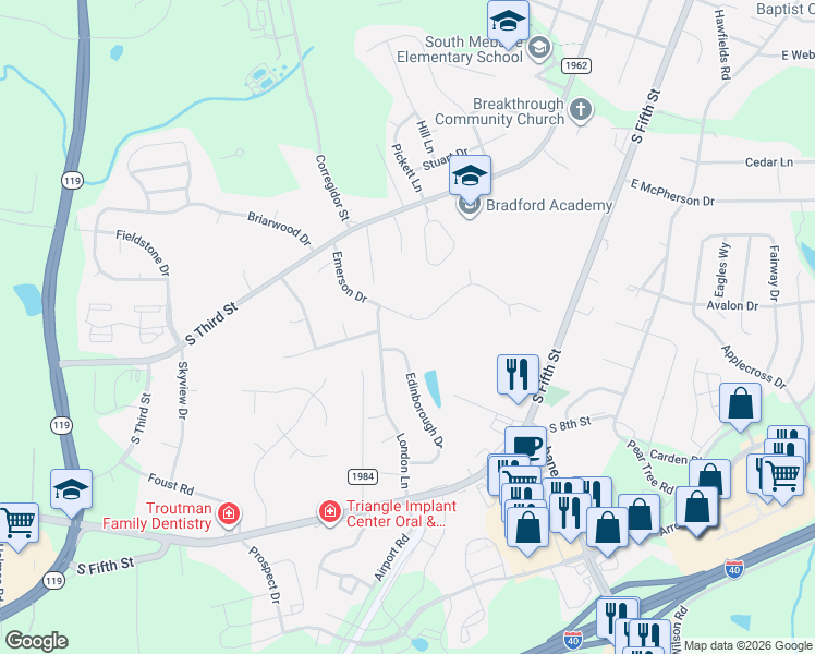 map of restaurants, bars, coffee shops, grocery stores, and more near 220 Emerson Drive in Mebane