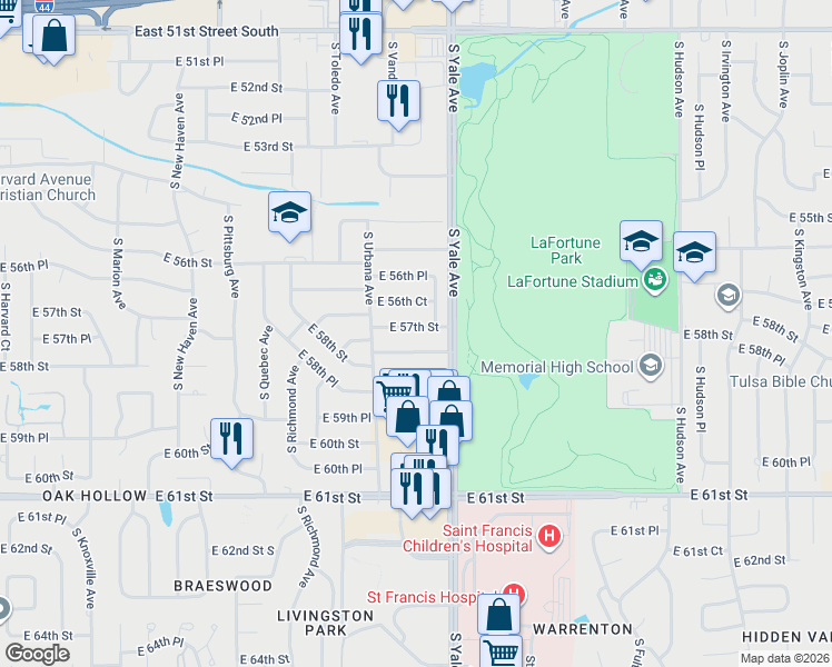 map of restaurants, bars, coffee shops, grocery stores, and more near 4642 East 57th Street in Tulsa