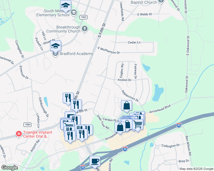 map of restaurants, bars, coffee shops, grocery stores, and more near 306 Avalon Drive in Mebane