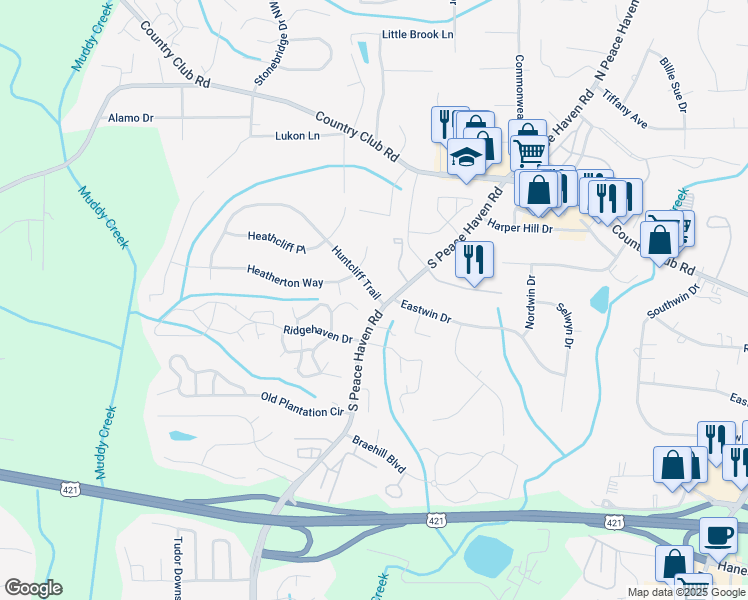 map of restaurants, bars, coffee shops, grocery stores, and more near 206 South Peace Haven Road in Winston-Salem