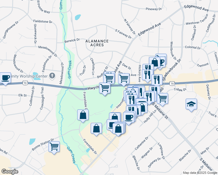 map of restaurants, bars, coffee shops, grocery stores, and more near 2950 South Church Street in Burlington