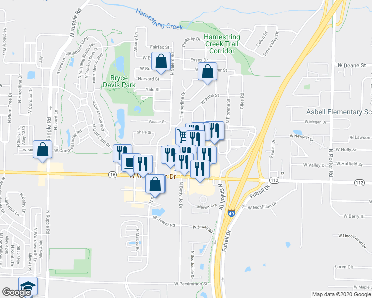 map of restaurants, bars, coffee shops, grocery stores, and more near 3241 West Montrail Place in Fayetteville