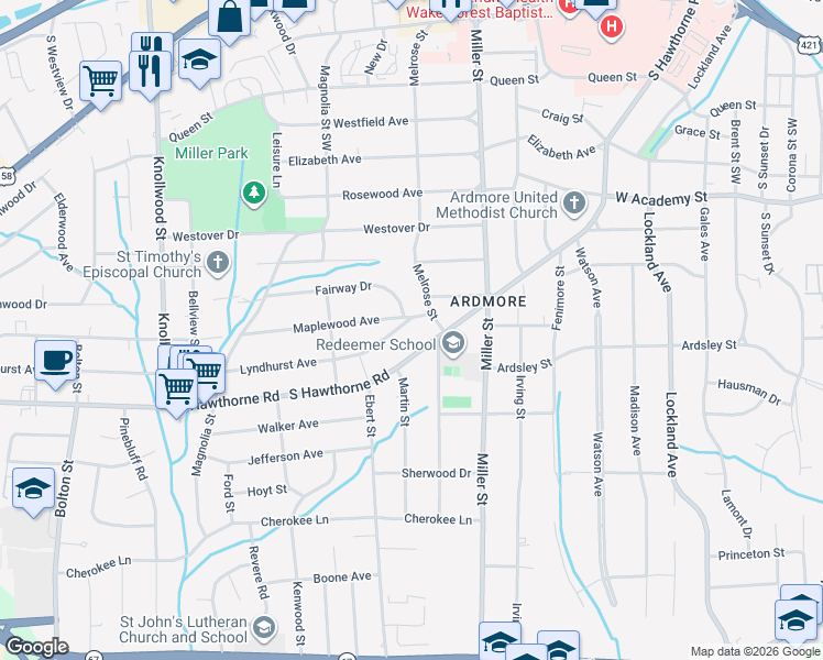 map of restaurants, bars, coffee shops, grocery stores, and more near 2316 Fairway Drive in Winston-Salem