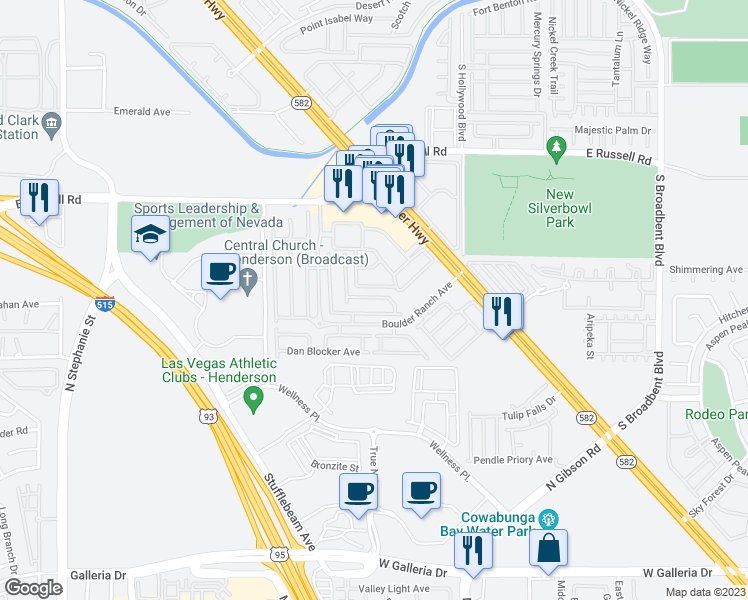 map of restaurants, bars, coffee shops, grocery stores, and more near 5880 Boulder Falls Street in Henderson