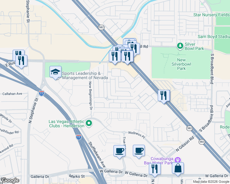 map of restaurants, bars, coffee shops, grocery stores, and more near 5956 High Steed Street in Henderson