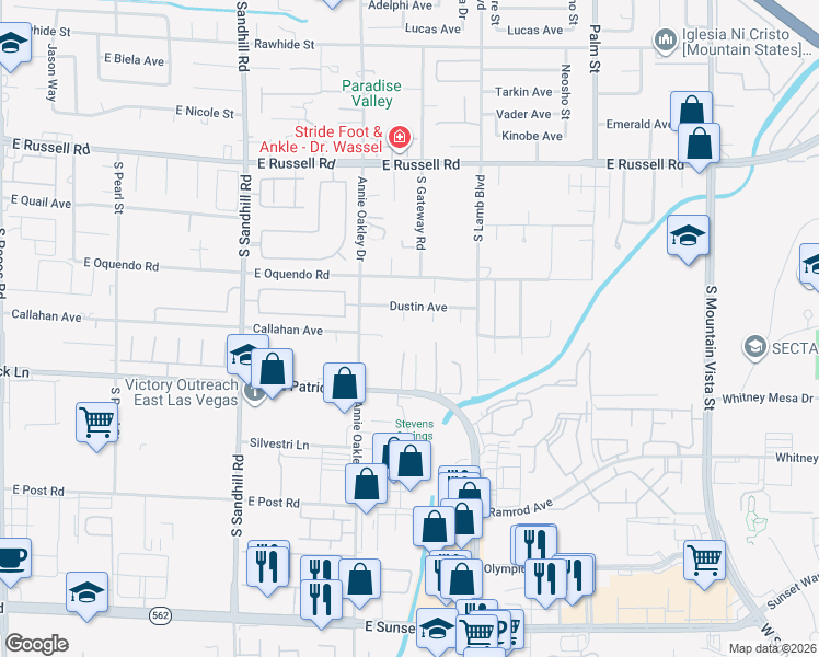 map of restaurants, bars, coffee shops, grocery stores, and more near 4121 Dustin Avenue in Las Vegas