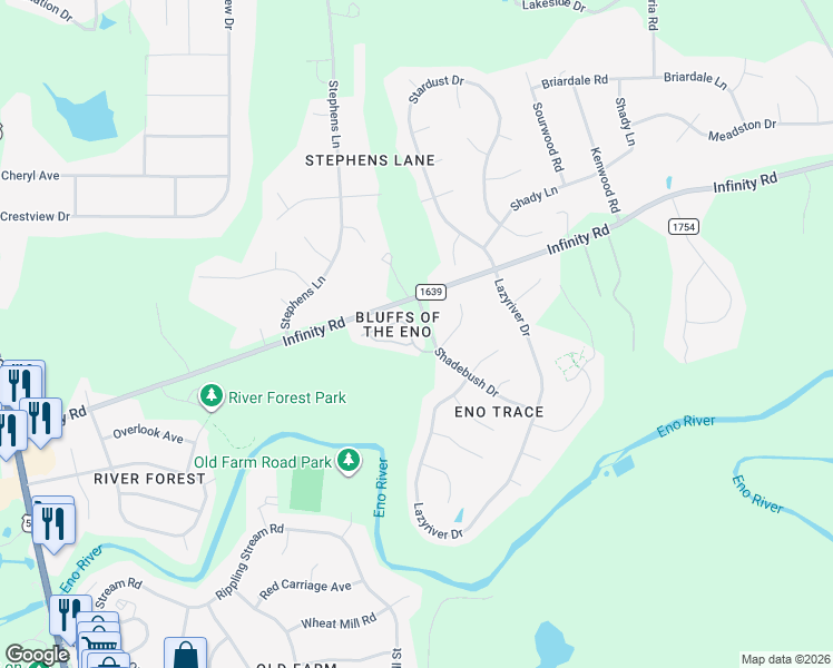 map of restaurants, bars, coffee shops, grocery stores, and more near 4519 Lazyriver Drive in Durham