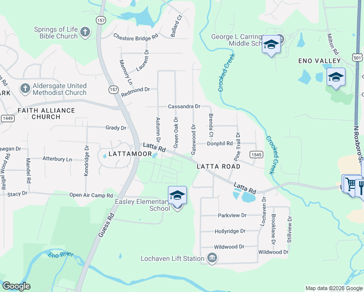 map of restaurants, bars, coffee shops, grocery stores, and more near 5013 Green Oak Drive in Durham