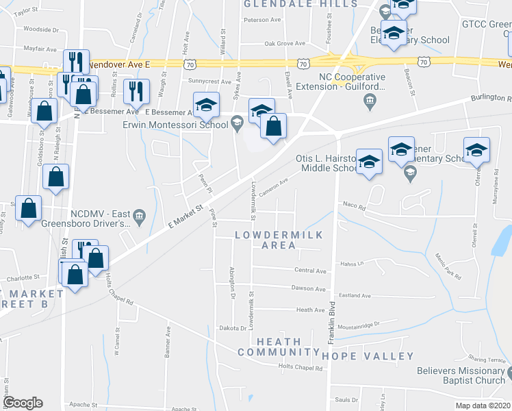 map of restaurants, bars, coffee shops, grocery stores, and more near in Greensboro
