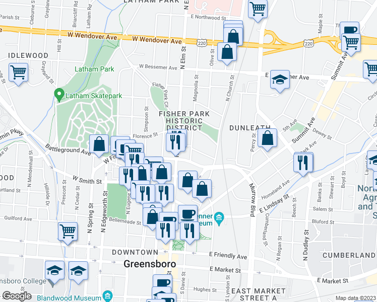 map of restaurants, bars, coffee shops, grocery stores, and more near 706 Magnolia Street in Greensboro