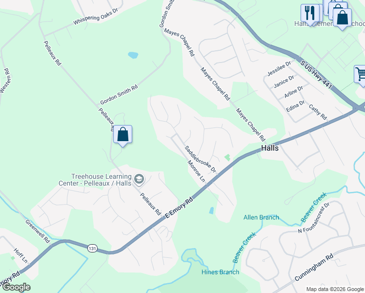 map of restaurants, bars, coffee shops, grocery stores, and more near 7643 Saddlebrooke Drive in Knoxville