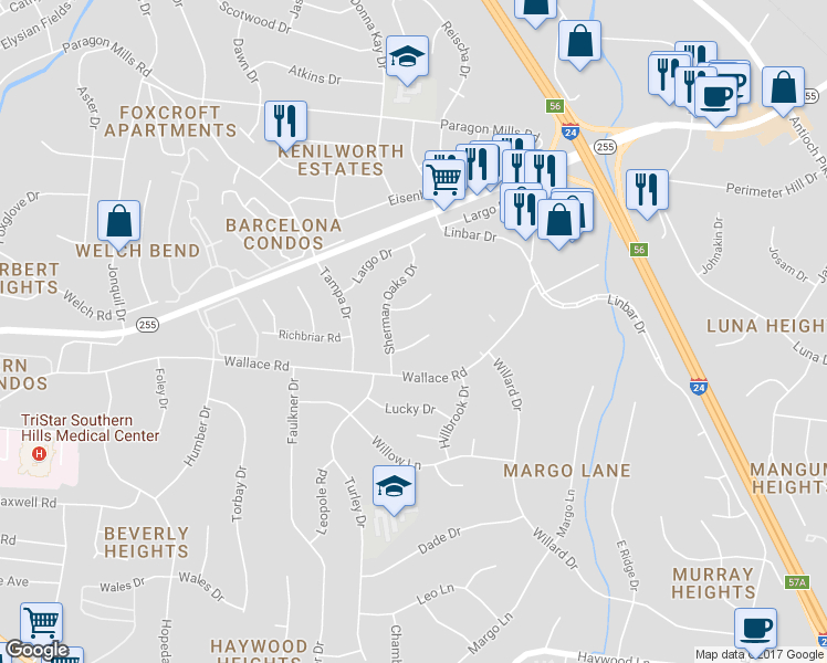 map of restaurants, bars, coffee shops, grocery stores, and more near 279 Comroe Road in Nashville