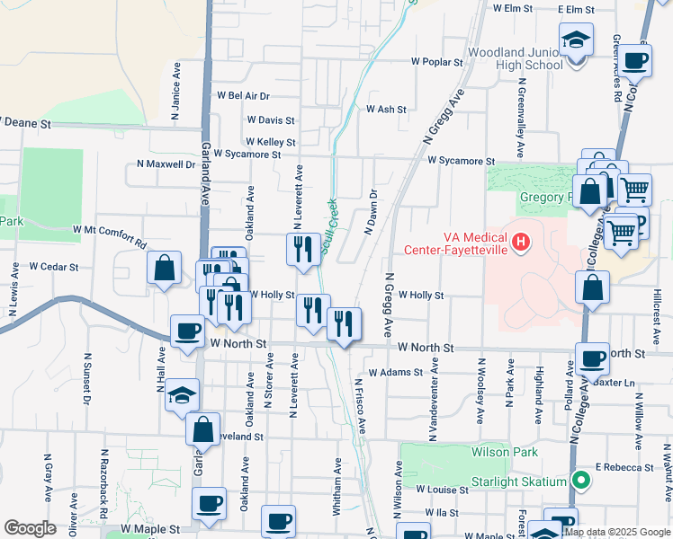map of restaurants, bars, coffee shops, grocery stores, and more near 1400 North Bernice Drive in Fayetteville