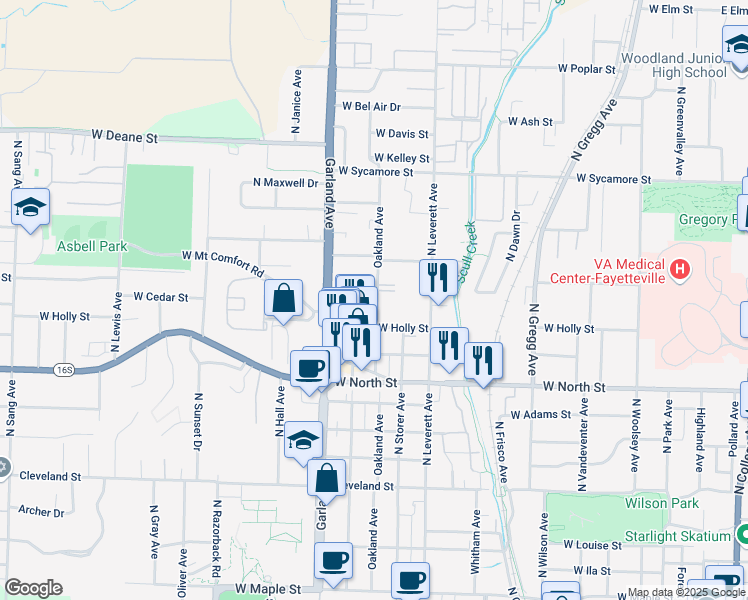 map of restaurants, bars, coffee shops, grocery stores, and more near 1381 Oakland Avenue in Fayetteville