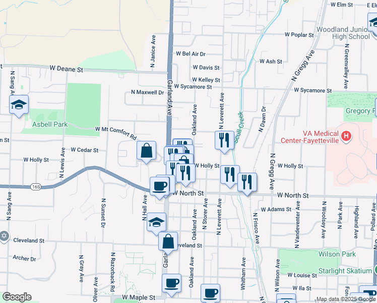 map of restaurants, bars, coffee shops, grocery stores, and more near 1381 Oakland Avenue in Fayetteville