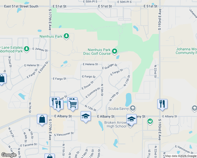 map of restaurants, bars, coffee shops, grocery stores, and more near 1508 East Fargo Street in Broken Arrow